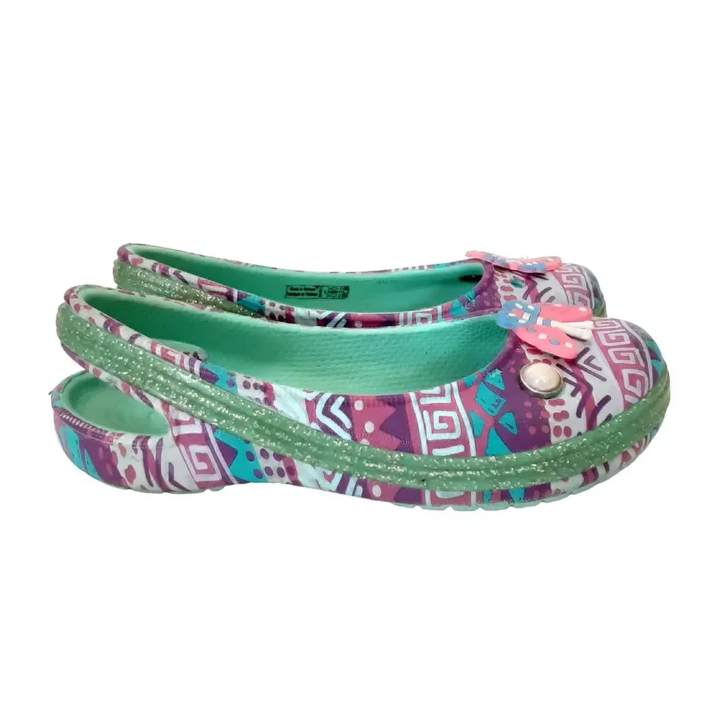 Crocs Genna II Ballet Flats Glitter Sparkle Slingback Dress Shoe Girls 11 Green